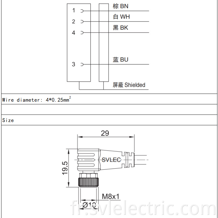 M8 female angle connector 4 pin size